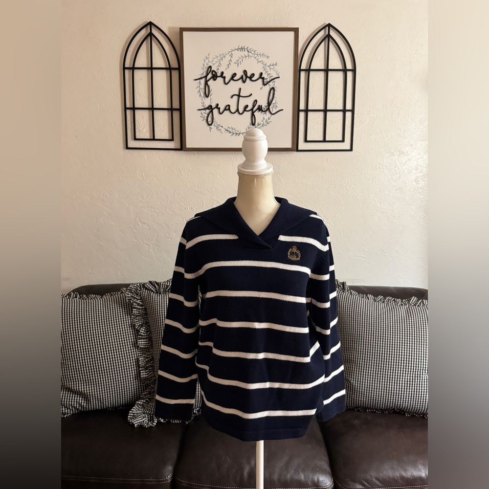 Lauren Ralph Lauren Women Sweater Nautical Emblem Navy Blue White Stripes Sz PM - Picture 2 of 15